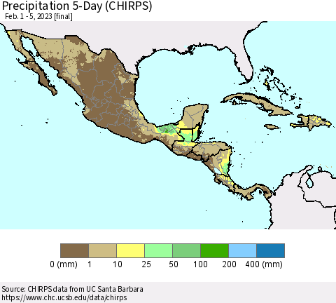 Mexico Central America and the Caribbean Precipitation 5-Day (CHIRPS) Thematic Map For 2/1/2023 - 2/5/2023