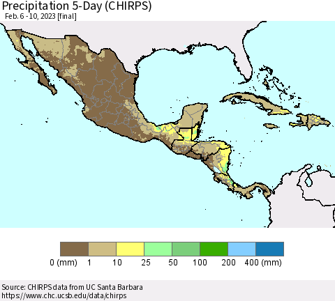 Mexico Central America and the Caribbean Precipitation 5-Day (CHIRPS) Thematic Map For 2/6/2023 - 2/10/2023