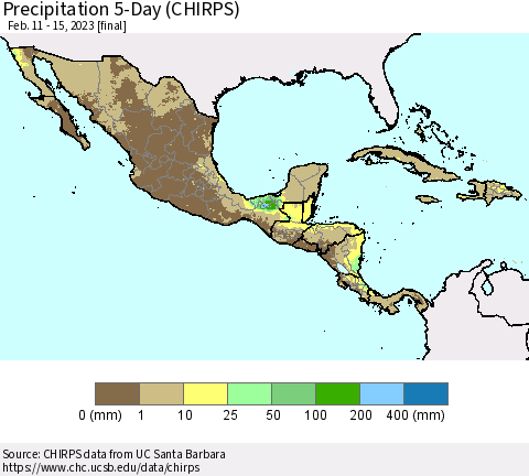 Mexico Central America and the Caribbean Precipitation 5-Day (CHIRPS) Thematic Map For 2/11/2023 - 2/15/2023