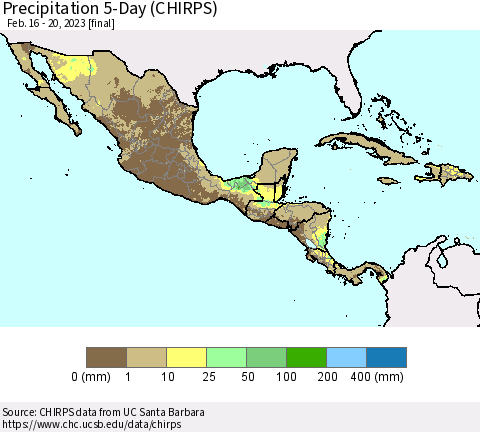 Mexico Central America and the Caribbean Precipitation 5-Day (CHIRPS) Thematic Map For 2/16/2023 - 2/20/2023