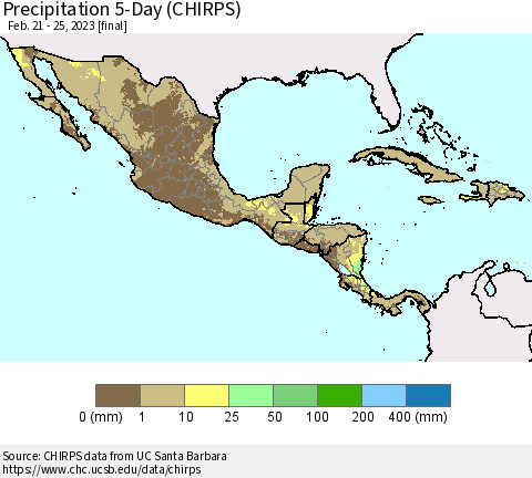 Mexico Central America and the Caribbean Precipitation 5-Day (CHIRPS) Thematic Map For 2/21/2023 - 2/25/2023