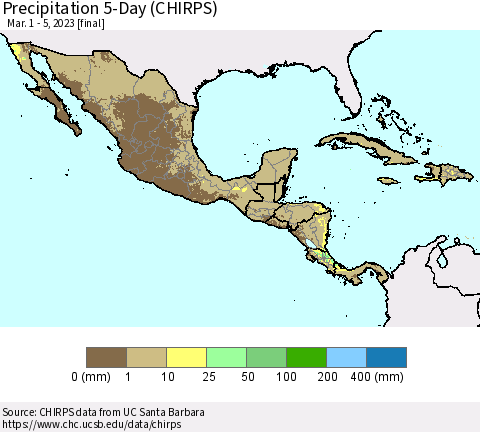 Mexico Central America and the Caribbean Precipitation 5-Day (CHIRPS) Thematic Map For 3/1/2023 - 3/5/2023