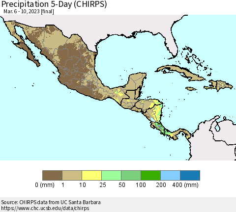 Mexico Central America and the Caribbean Precipitation 5-Day (CHIRPS) Thematic Map For 3/6/2023 - 3/10/2023