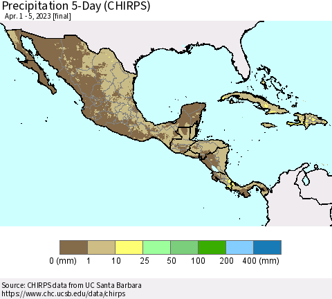 Mexico Central America and the Caribbean Precipitation 5-Day (CHIRPS) Thematic Map For 4/1/2023 - 4/5/2023