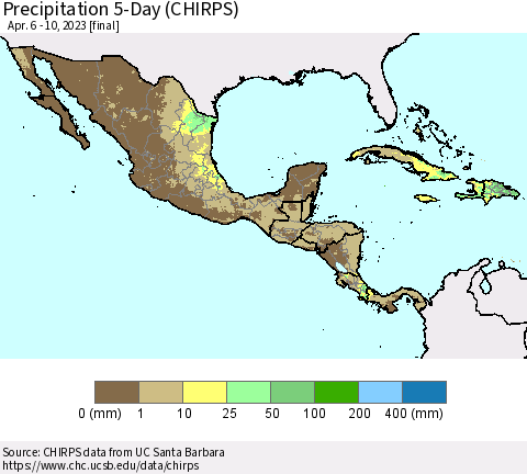 Mexico Central America and the Caribbean Precipitation 5-Day (CHIRPS) Thematic Map For 4/6/2023 - 4/10/2023