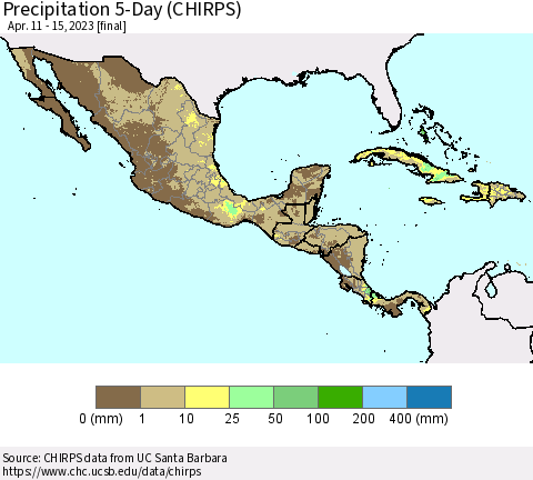 Mexico Central America and the Caribbean Precipitation 5-Day (CHIRPS) Thematic Map For 4/11/2023 - 4/15/2023