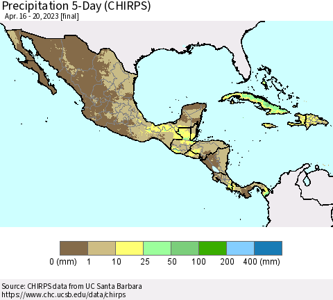 Mexico Central America and the Caribbean Precipitation 5-Day (CHIRPS) Thematic Map For 4/16/2023 - 4/20/2023