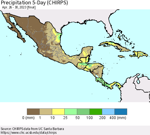 Mexico Central America and the Caribbean Precipitation 5-Day (CHIRPS) Thematic Map For 4/26/2023 - 4/30/2023