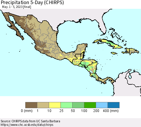 Mexico Central America and the Caribbean Precipitation 5-Day (CHIRPS) Thematic Map For 5/1/2023 - 5/5/2023