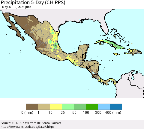 Mexico Central America and the Caribbean Precipitation 5-Day (CHIRPS) Thematic Map For 5/6/2023 - 5/10/2023