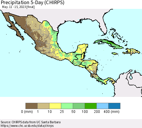 Mexico Central America and the Caribbean Precipitation 5-Day (CHIRPS) Thematic Map For 5/11/2023 - 5/15/2023
