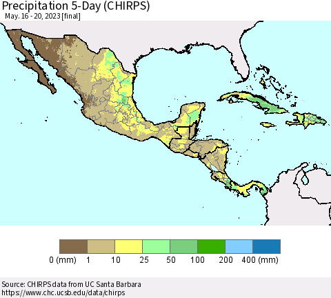 Mexico Central America and the Caribbean Precipitation 5-Day (CHIRPS) Thematic Map For 5/16/2023 - 5/20/2023