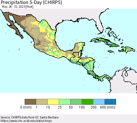 Mexico Central America and the Caribbean Precipitation 5-Day (CHIRPS) Thematic Map For 5/26/2023 - 5/31/2023