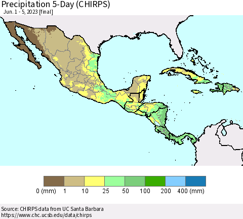 Mexico Central America and the Caribbean Precipitation 5-Day (CHIRPS) Thematic Map For 6/1/2023 - 6/5/2023