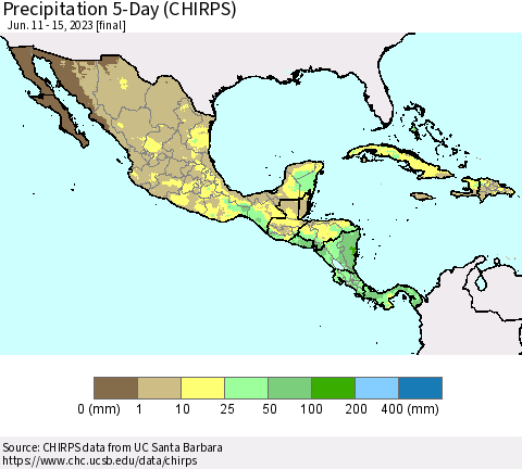 Mexico Central America and the Caribbean Precipitation 5-Day (CHIRPS) Thematic Map For 6/11/2023 - 6/15/2023