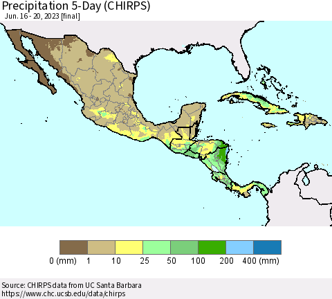 Mexico Central America and the Caribbean Precipitation 5-Day (CHIRPS) Thematic Map For 6/16/2023 - 6/20/2023