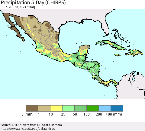 Mexico Central America and the Caribbean Precipitation 5-Day (CHIRPS) Thematic Map For 6/26/2023 - 6/30/2023
