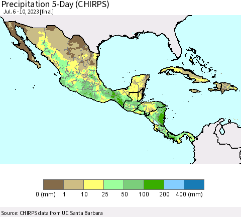 Mexico Central America and the Caribbean Precipitation 5-Day (CHIRPS) Thematic Map For 7/6/2023 - 7/10/2023