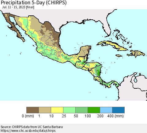 Mexico Central America and the Caribbean Precipitation 5-Day (CHIRPS) Thematic Map For 7/11/2023 - 7/15/2023