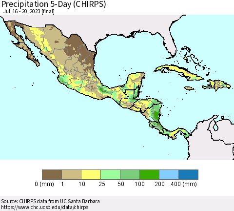 Mexico Central America and the Caribbean Precipitation 5-Day (CHIRPS) Thematic Map For 7/16/2023 - 7/20/2023
