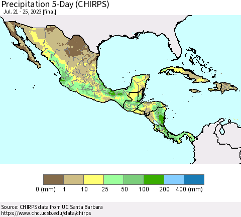 Mexico Central America and the Caribbean Precipitation 5-Day (CHIRPS) Thematic Map For 7/21/2023 - 7/25/2023
