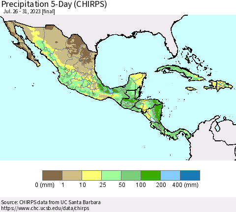 Mexico Central America and the Caribbean Precipitation 5-Day (CHIRPS) Thematic Map For 7/26/2023 - 7/31/2023