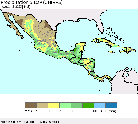 Mexico Central America and the Caribbean Precipitation 5-Day (CHIRPS) Thematic Map For 8/1/2023 - 8/5/2023