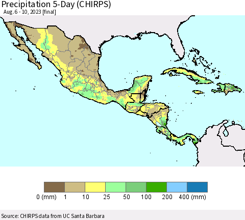 Mexico Central America and the Caribbean Precipitation 5-Day (CHIRPS) Thematic Map For 8/6/2023 - 8/10/2023