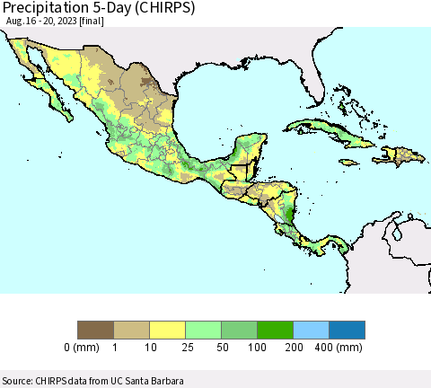 Mexico Central America and the Caribbean Precipitation 5-Day (CHIRPS) Thematic Map For 8/16/2023 - 8/20/2023
