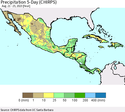 Mexico Central America and the Caribbean Precipitation 5-Day (CHIRPS) Thematic Map For 8/21/2023 - 8/25/2023