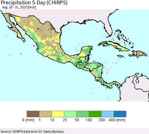 Mexico Central America and the Caribbean Precipitation 5-Day (CHIRPS) Thematic Map For 8/26/2023 - 8/31/2023