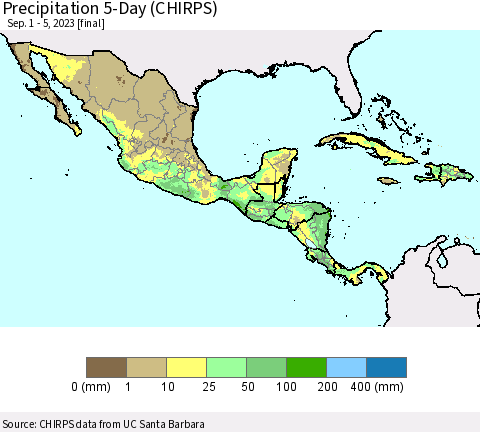 Mexico Central America and the Caribbean Precipitation 5-Day (CHIRPS) Thematic Map For 9/1/2023 - 9/5/2023