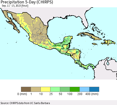 Mexico Central America and the Caribbean Precipitation 5-Day (CHIRPS) Thematic Map For 9/11/2023 - 9/15/2023