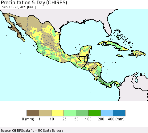 Mexico Central America and the Caribbean Precipitation 5-Day (CHIRPS) Thematic Map For 9/16/2023 - 9/20/2023