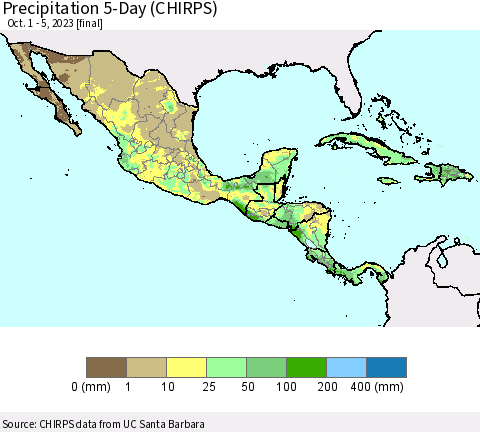 Mexico Central America and the Caribbean Precipitation 5-Day (CHIRPS) Thematic Map For 10/1/2023 - 10/5/2023