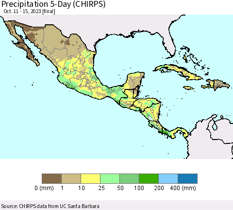 Mexico Central America and the Caribbean Precipitation 5-Day (CHIRPS) Thematic Map For 10/11/2023 - 10/15/2023