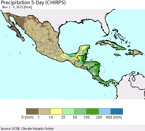 Mexico Central America and the Caribbean Precipitation 5-Day (CHIRPS) Thematic Map For 11/1/2023 - 11/5/2023