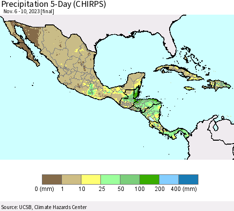 Mexico Central America and the Caribbean Precipitation 5-Day (CHIRPS) Thematic Map For 11/6/2023 - 11/10/2023