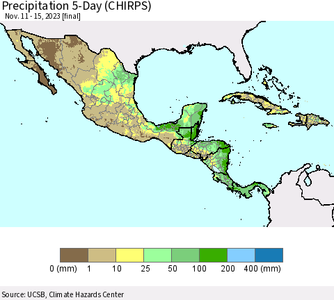 Mexico Central America and the Caribbean Precipitation 5-Day (CHIRPS) Thematic Map For 11/11/2023 - 11/15/2023