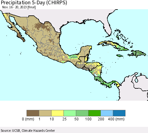 Mexico Central America and the Caribbean Precipitation 5-Day (CHIRPS) Thematic Map For 11/16/2023 - 11/20/2023
