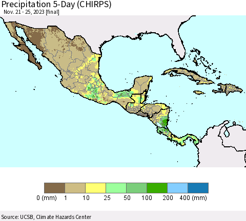Mexico Central America and the Caribbean Precipitation 5-Day (CHIRPS) Thematic Map For 11/21/2023 - 11/25/2023