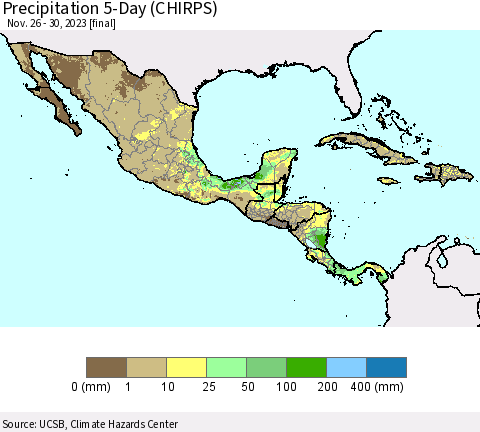 Mexico Central America and the Caribbean Precipitation 5-Day (CHIRPS) Thematic Map For 11/26/2023 - 11/30/2023