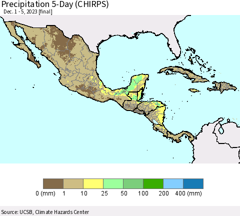Mexico Central America and the Caribbean Precipitation 5-Day (CHIRPS) Thematic Map For 12/1/2023 - 12/5/2023