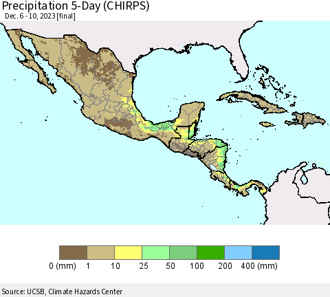Mexico Central America and the Caribbean Precipitation 5-Day (CHIRPS) Thematic Map For 12/6/2023 - 12/10/2023