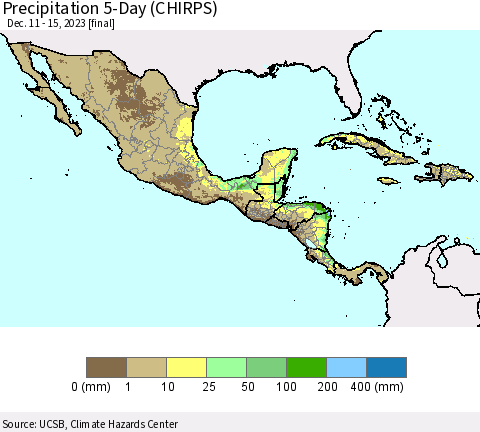 Mexico Central America and the Caribbean Precipitation 5-Day (CHIRPS) Thematic Map For 12/11/2023 - 12/15/2023
