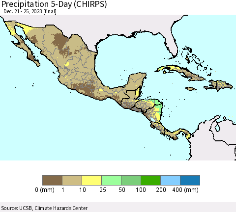 Mexico Central America and the Caribbean Precipitation 5-Day (CHIRPS) Thematic Map For 12/21/2023 - 12/25/2023