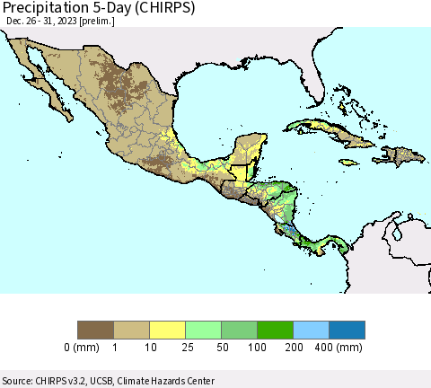 Mexico Central America and the Caribbean Precipitation 5-Day (CHIRPS) Thematic Map For 12/26/2023 - 12/31/2023