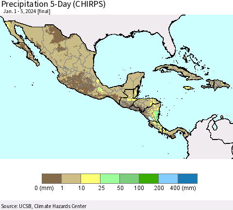 Mexico Central America and the Caribbean Precipitation 5-Day (CHIRPS) Thematic Map For 1/1/2024 - 1/5/2024