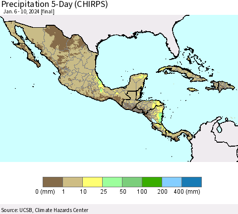 Mexico Central America and the Caribbean Precipitation 5-Day (CHIRPS) Thematic Map For 1/6/2024 - 1/10/2024
