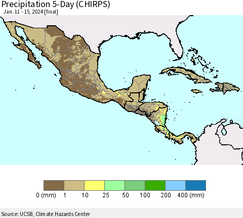 Mexico Central America and the Caribbean Precipitation 5-Day (CHIRPS) Thematic Map For 1/11/2024 - 1/15/2024